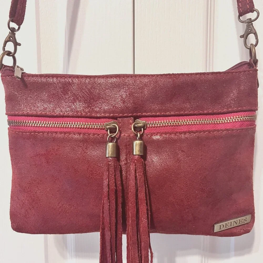 Borse In Pelle-Deines-Soft Calf Leather Crossbody Red Purse-Tassels-Adj Strap - Picture 2 of 15